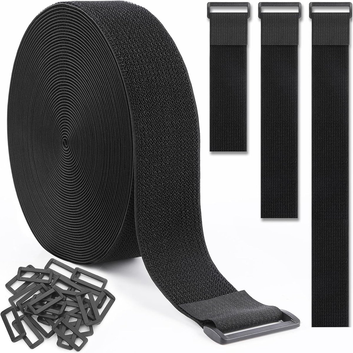 SnelShoppen - Zwarte 2.5CMx12M Herbruikbare Kabelbinder met 50 Gespen, Aanpasbare Strap voor Organisatie van Kabels, Slangen, Touwen en Meer
