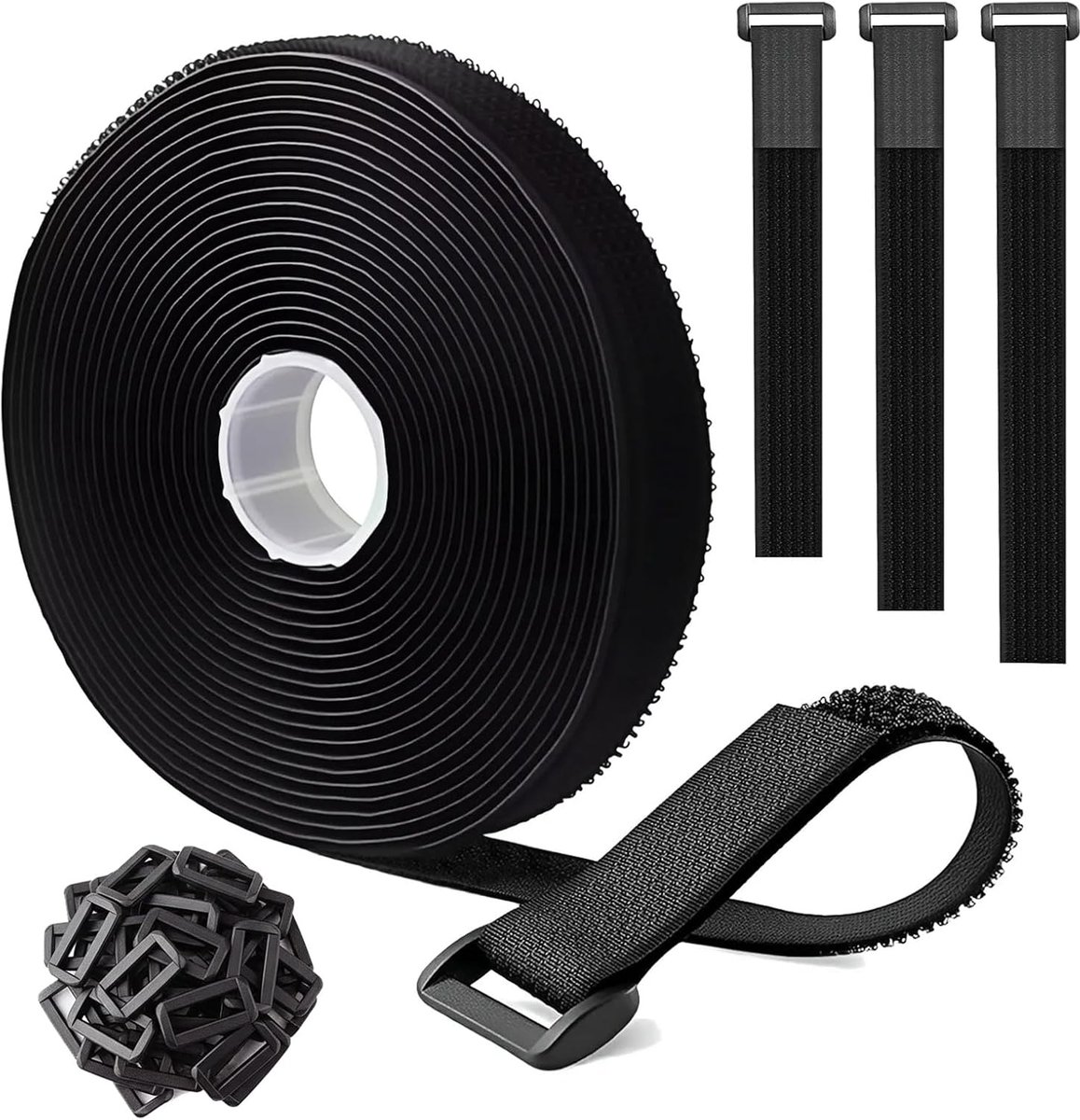 SnelShoppen - Strap met 25 Gespen, Zwart, 2 cm x 5 m | Vrij te Snijden Kabelbinders voor Organiseren van Kabels, Slangen en Kabelopslag