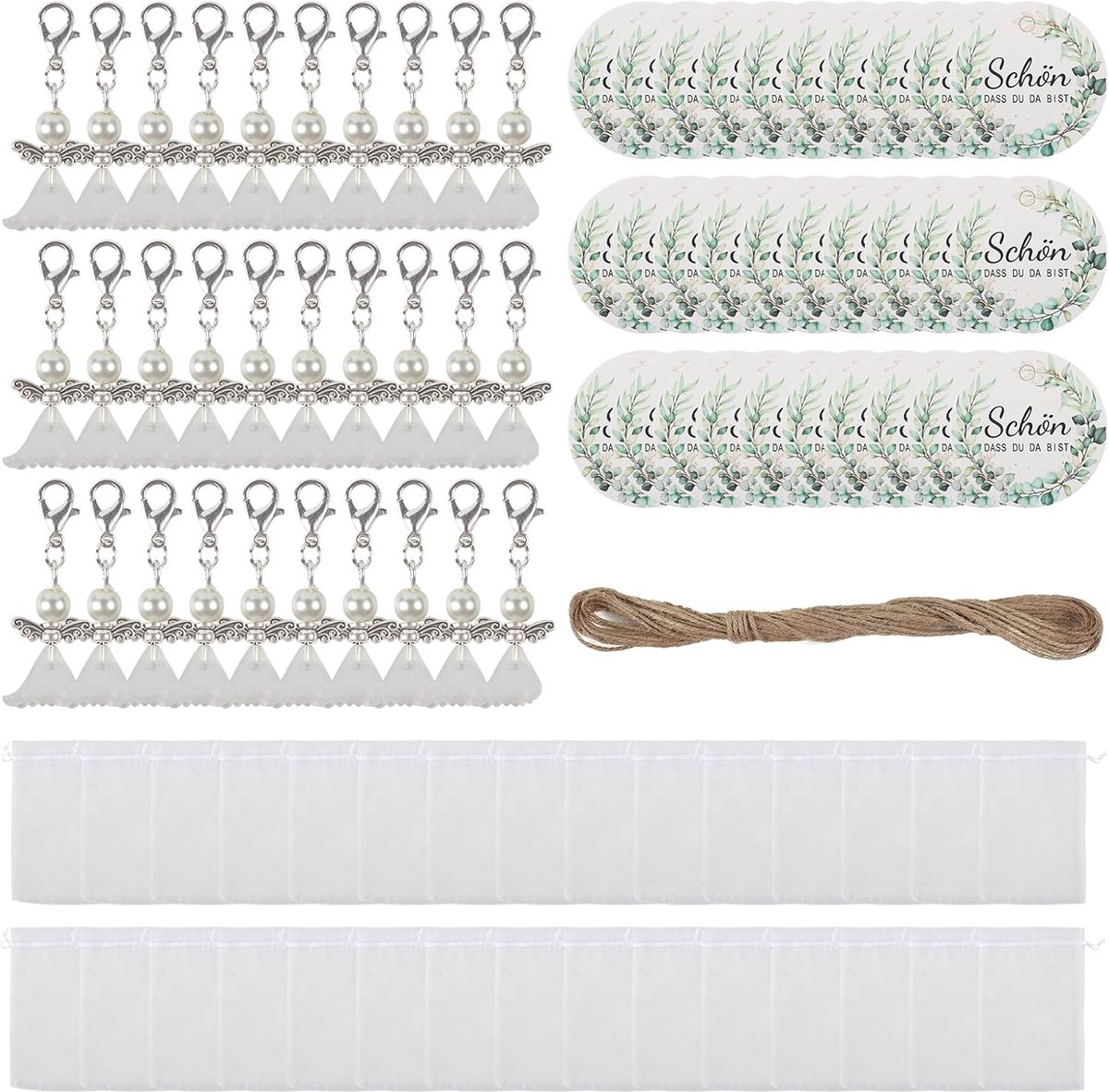 SnelShoppen - 30 Stuks Trouwerij Engel Hanger, Beschermengel Sleutelhanger met Organza Zak, Kraft Pendant en Bindtouw voor Doop, Bruiloft, Jubileum, C