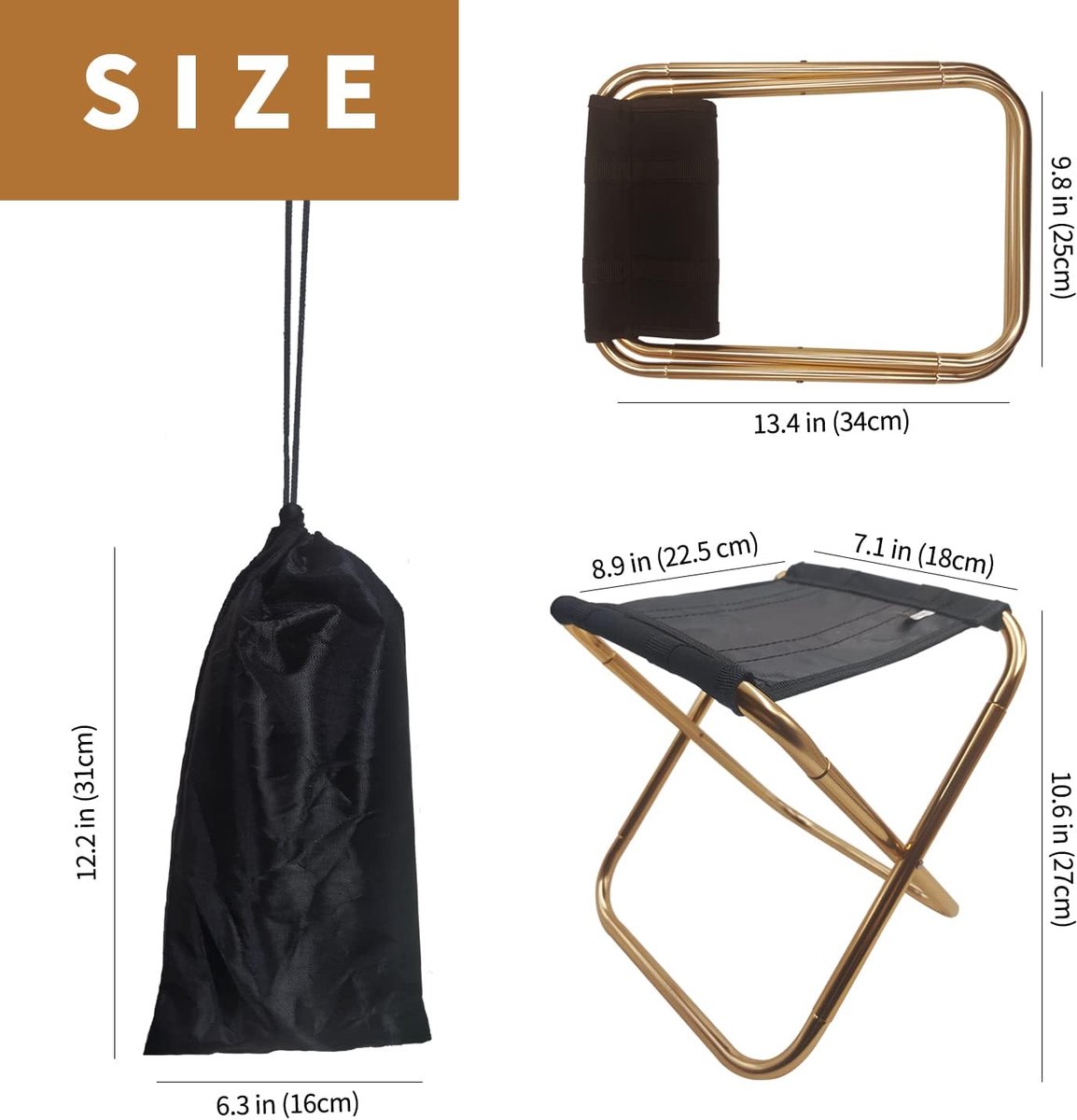 SnelShoppen - Vouwbare Campingstoel - Draagbare Mini Voetstoel voor Buiten, Strand, Vissen, Hiking, 180 lbs Capaciteit, Staal, 24.8cm x 22.5cm x 27cm