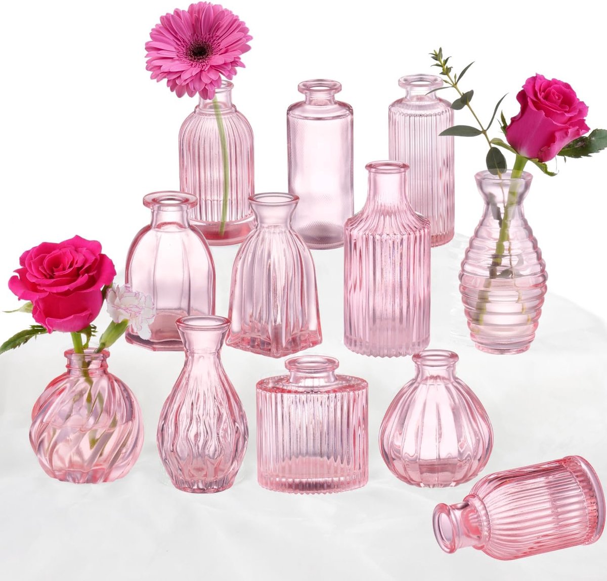 SnelShoppen - Set van 12 Moderne Oblong Bud Vazen van Roze Ribbelglas, Perfect voor Bloemen, Tafeldecoratie, Bruiloften en Thuisdecoratie