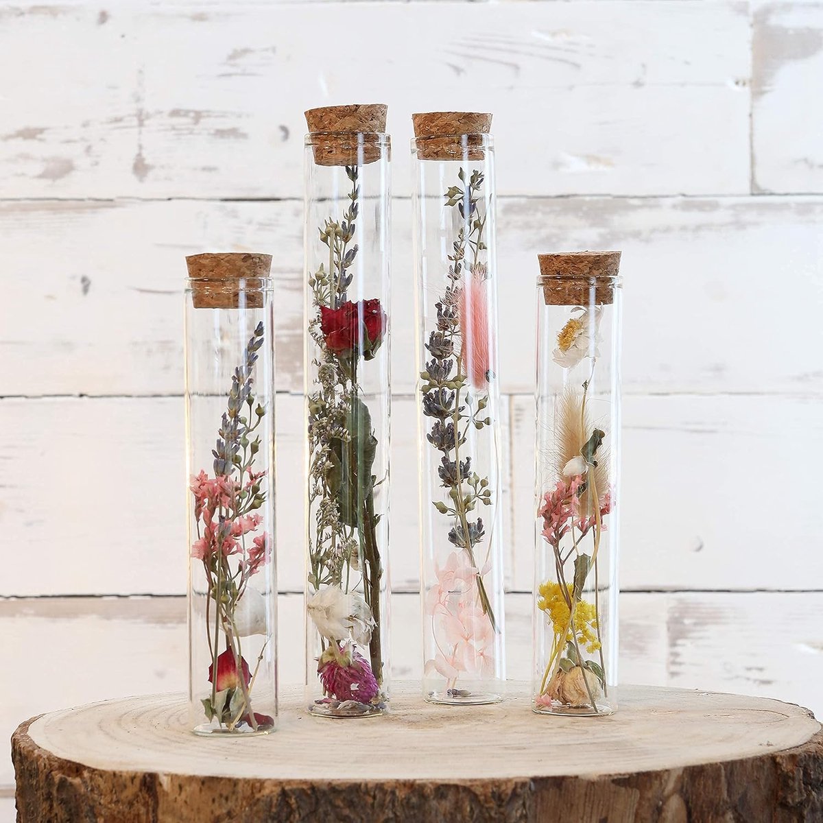 SnelShoppen - Dried Flowers in Glass Vase Set van 4 - Decoratieve Drogen Bloemen in Glazen Flessen met Kurk - Handgemaakte Bloemen Arrangements - Kleu