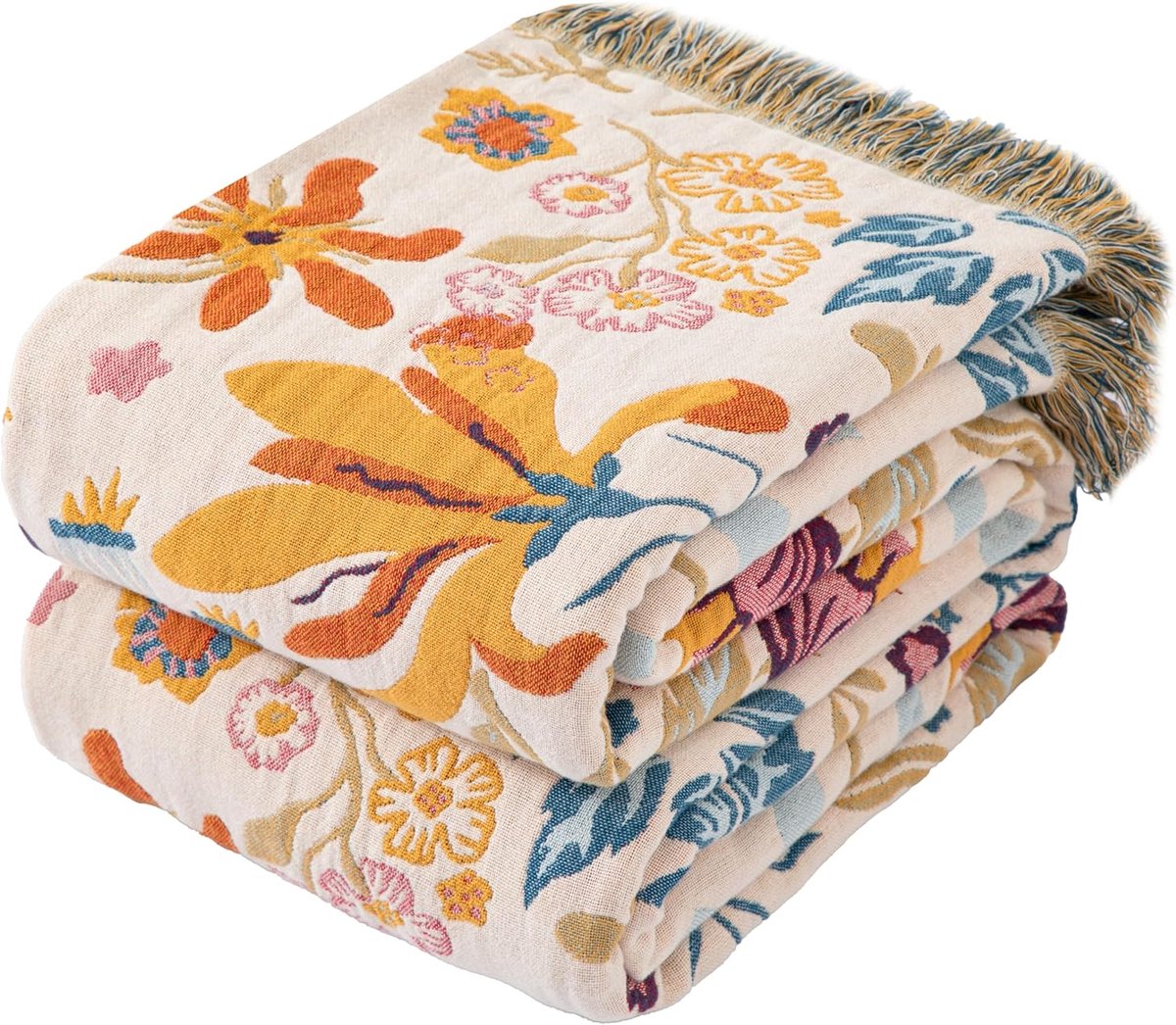 SnelShoppen - Boho-sprei met Franjes 200x230 cm - Dubbelzijdige Mousseline Deken - 100% Katoen - Zachte Bankdeken en Bedsprei - Ademend voor Woonkamer