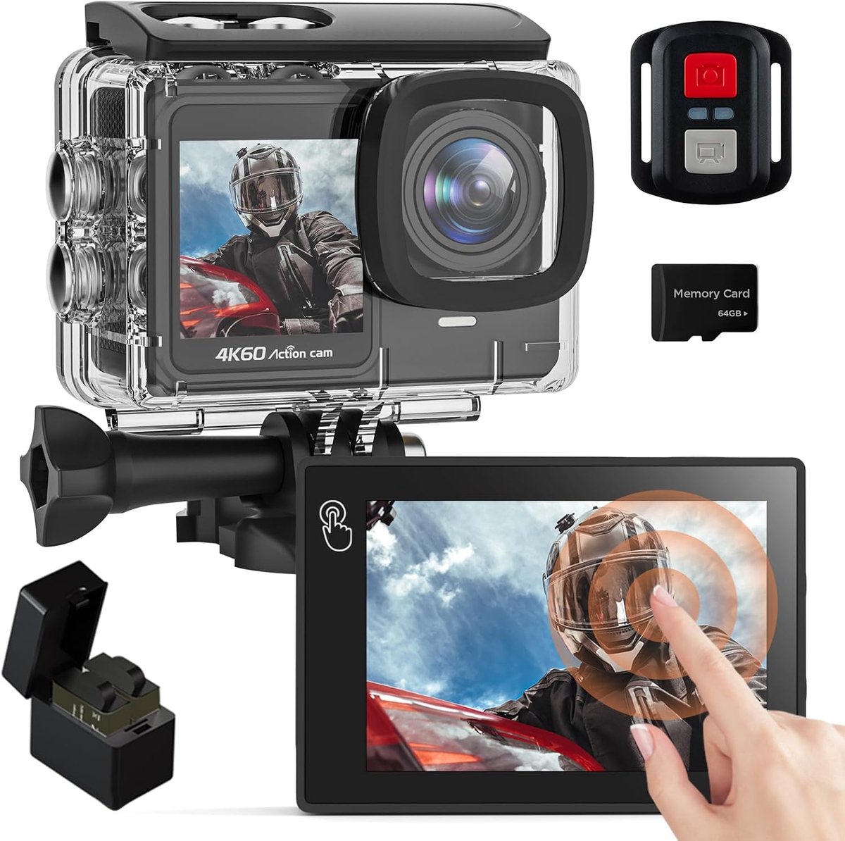 SnelShoppen - 4K Action Camera met 64GB SD Kaart, Touch Screen, 24 MP Onderwater Camera, 170° Sportcamera, 2x1350 mAh Batterijen, Motorfiets Camera, V