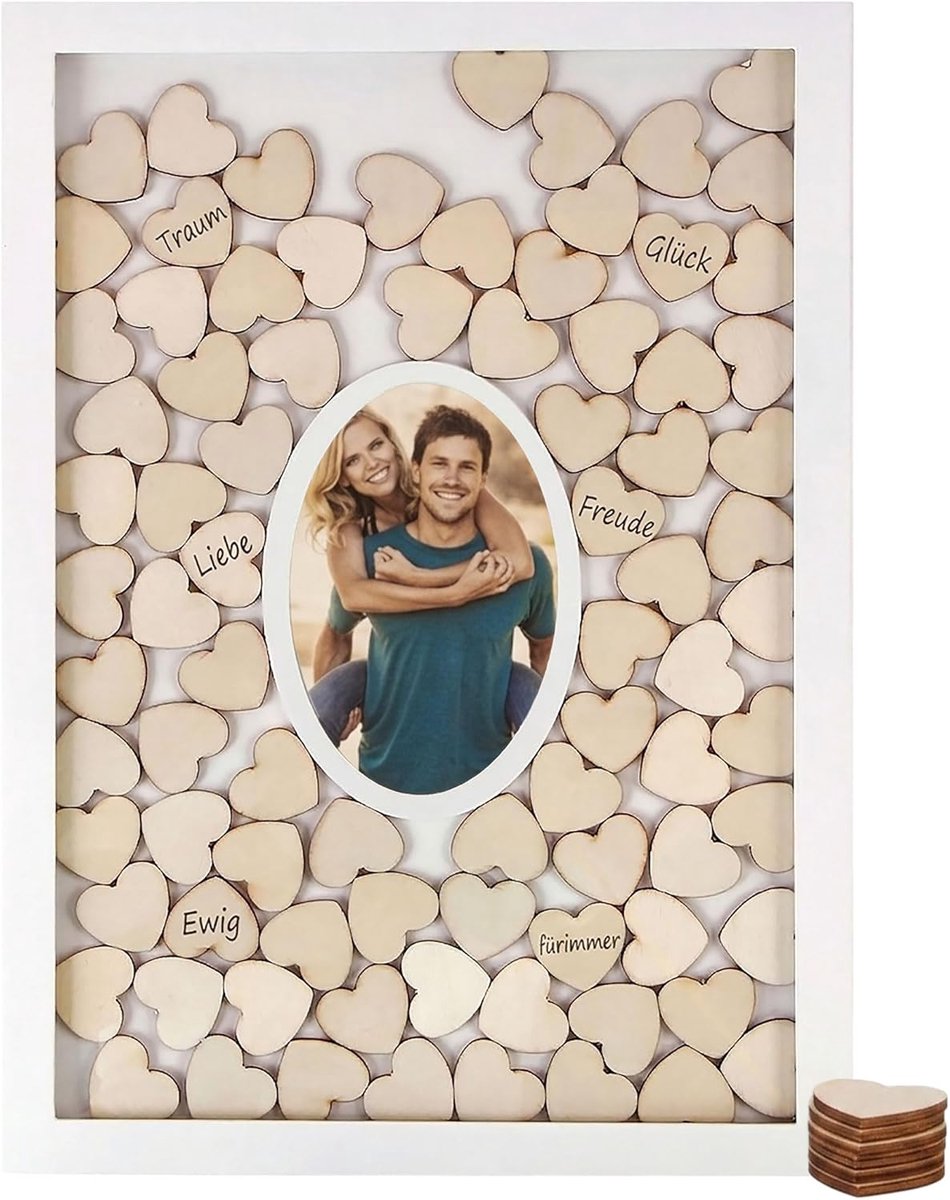 SnelShoppen - Bruiloft Gastenboek met Foto-lijst en 72 Houten Harten - Houten Gastenboek met Glasplaat - Uniek Herinneringsboek voor Feesten, Verjaard
