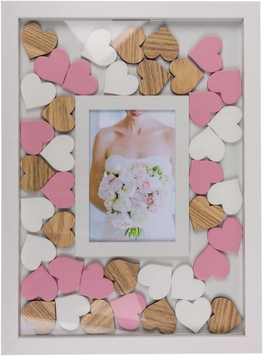 SnelShoppen - ReWu Foto Lijst met Schrijfbare Houten Harten, Gastenboek voor Bruiloft, Liefdesdecoratie, Uniek Cadeau Idee, 38 x 28 cm