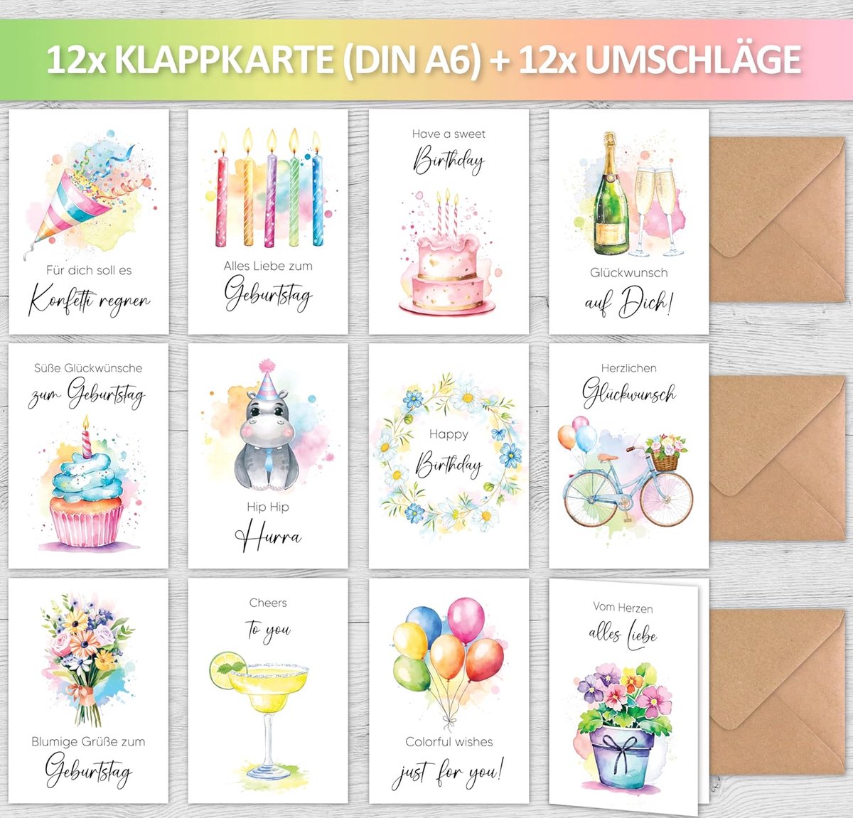 SnelShoppen - 12 x Verjaardagskaarten met Enveloppen - Waterverf Vouwkaarten - Gelukkige Verjaardag Kaarten Set met Postkaart Formaat - Perfect voor F