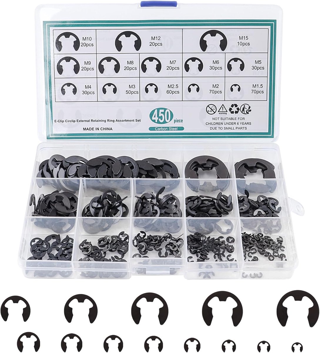 SnelShoppen - E-Clips Set van 450 Stuk, Diverse Maten Lock Ringen Assortiment met Opslagdoos voor Bevestigen van Lagers, Tandwielen en Katrollen