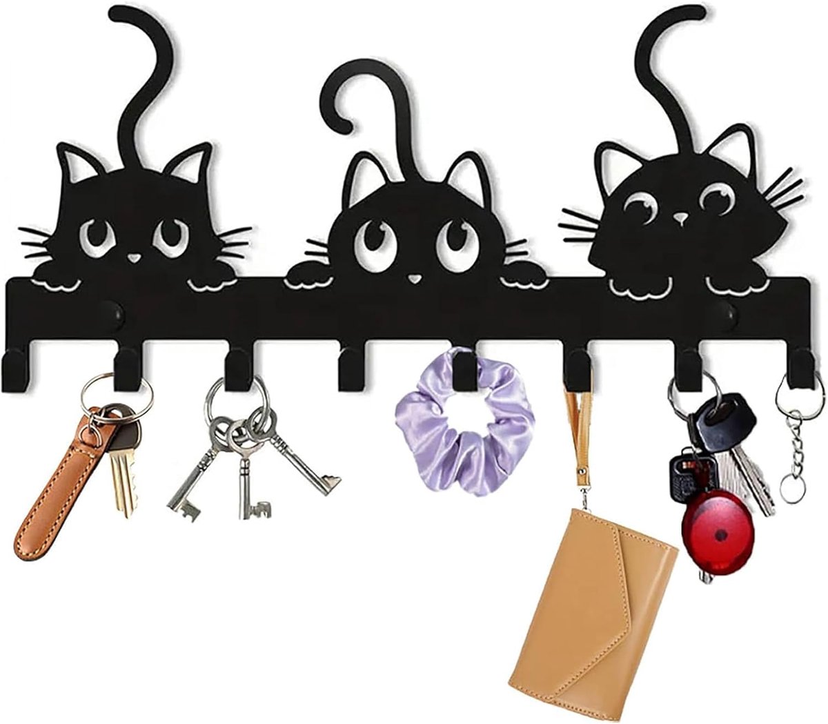 SnelShoppen - Modern Metal Sleutelhanger met 8 Haken, Katten Kunst Motief, Wanddecoratie voor Hal, Woonkamer en Keuken, Zwart, Duurzaam Carbon Staal