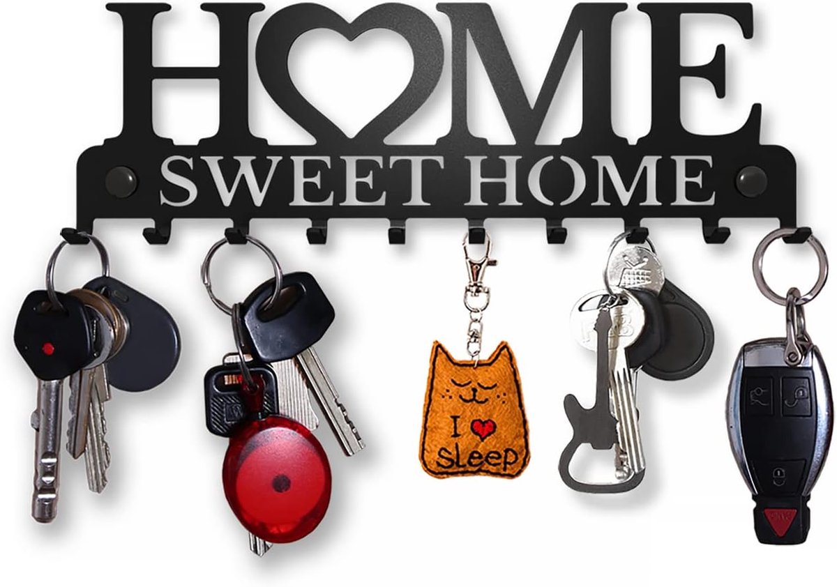 SnelShoppen - Key Rack Zwart Home Sweet Home, 10 Haken, Metaal Sleutelhanger Wand voor Hal, Keuken, Garage en Kantoor