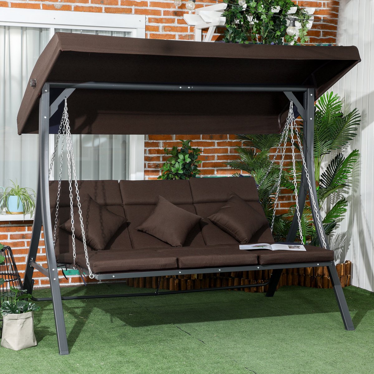 FloraGrace Schommelbank – 3-Zits Met Verstelbaar Zonnedak – 198 x 118 x 168 cm – Metaal En Textileen – Bruin – Tuin En Terras