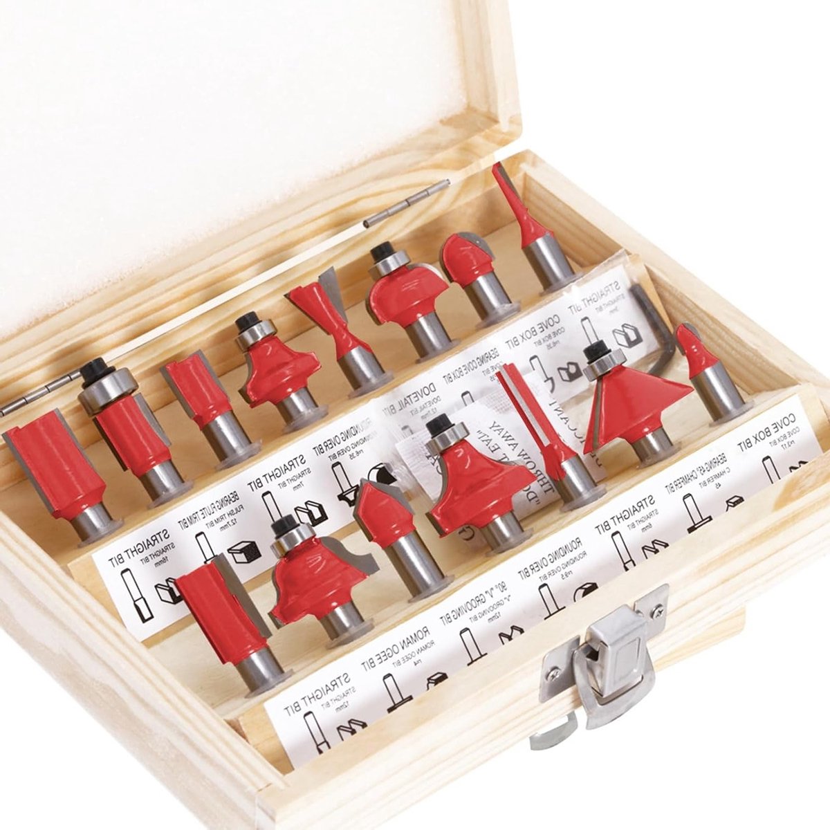 15-delige Freesset voor Houtbewerking met 6 mm Shank, Ideaal voor Beginners en Professionals, Inclusief Houten Opbergdoos en Diverse Frezen voor Precisiewerk