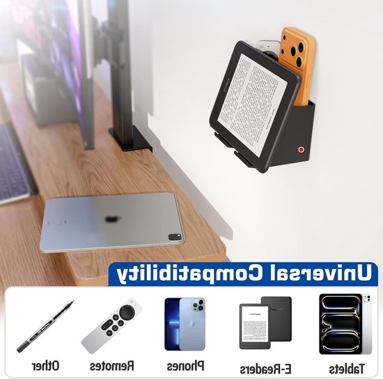 Wandhouder en organizer voor tablet en telefoon, 2-in-1 design met opbergdoos, geschikt voor iPad, Samsung Tab en Kindle, stevig ABS met EVA anti-slip pad, zwart — afbeelding 4