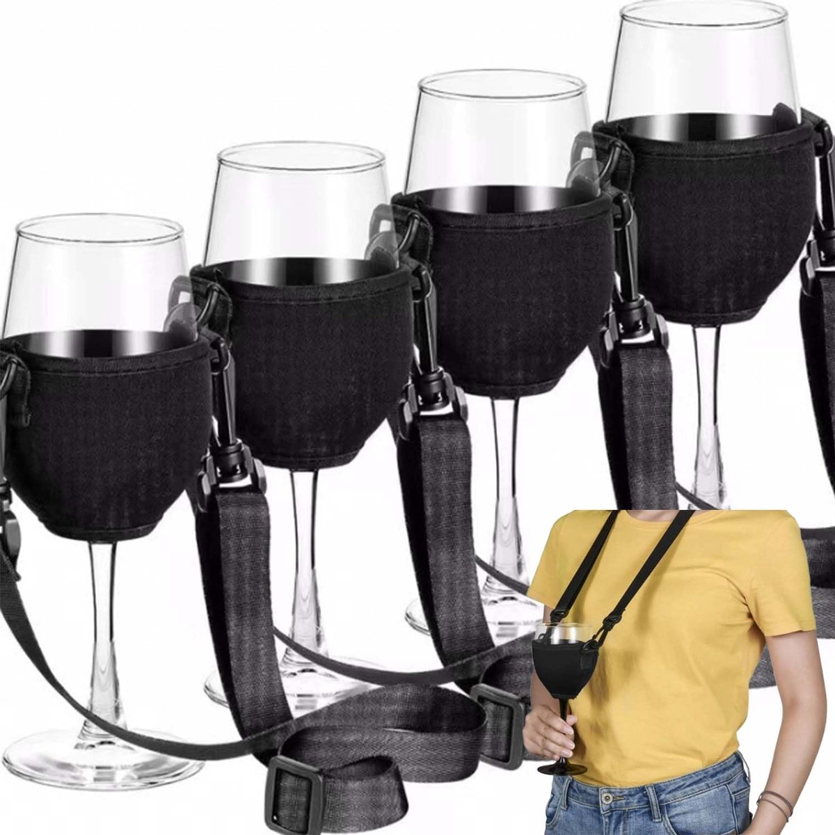 SnelShoppen - 4 Stuks Draagbare Wijnglas Houder - Geschikt voor Picknicks, Poolfeesten, Bruiloften en Verjaardagsfeesten - Verstelbare Strap tot 51 cm