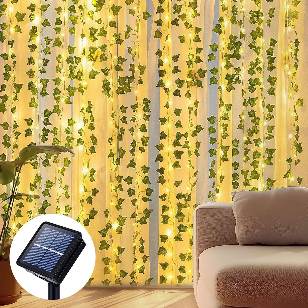 SnelShoppen - Solar String Lights 12m 100 LED Groen Kunstmatige Klimop Bladeren Tuinverlichting Decoratie voor Balkon Feest Kerstverlichting Waterproo
