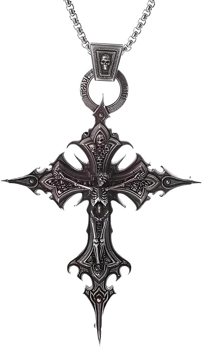 Vintage Gothic Cross Necklace met Skull - Punk Halloween Sieraad voor Mannen - Elegante Goth Accessoires en Unieke Stijl