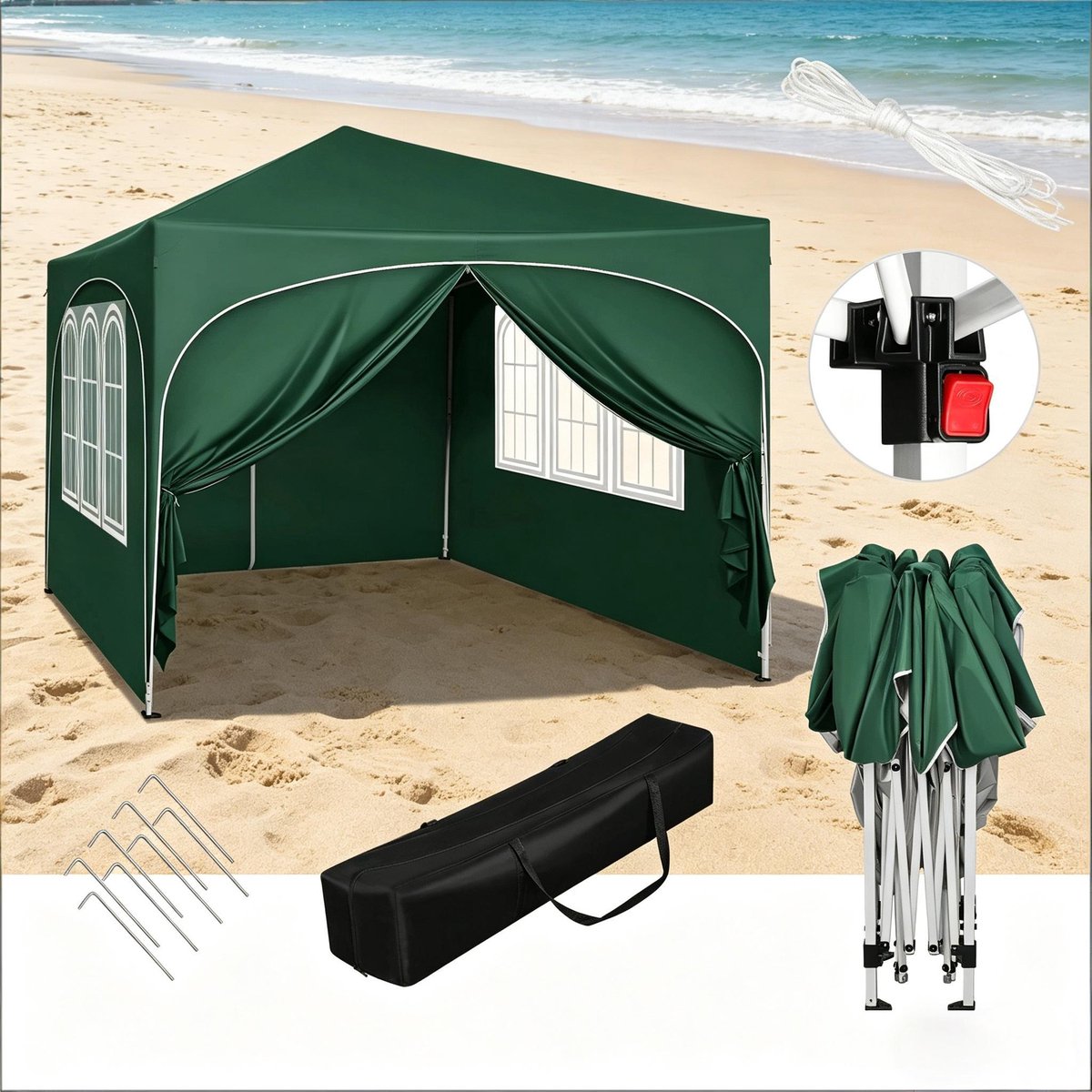 FloraGrace Partytent – 3 x 3 m Opvouwbaar Met 4 Afneembare Zijkanten – 210D Oxford Stof En IJzer – Groen – Voor Tuinfeesten En Strand
