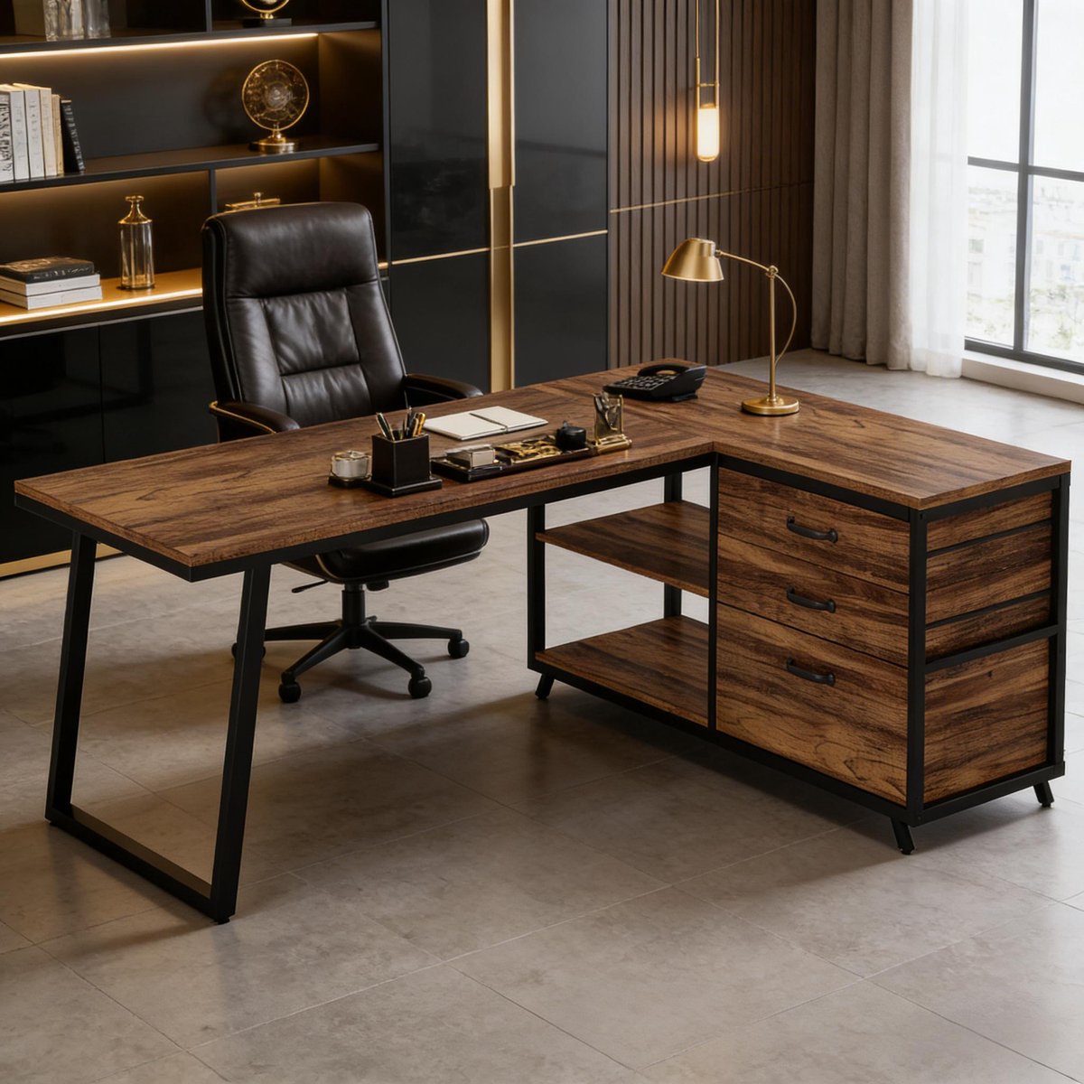 MODENUIT Hoekbureau - L-Vorm Met Laden En Open Vakken - Thuiswerk En Studie - Metaal - Zwart Bruin - 135 Cm