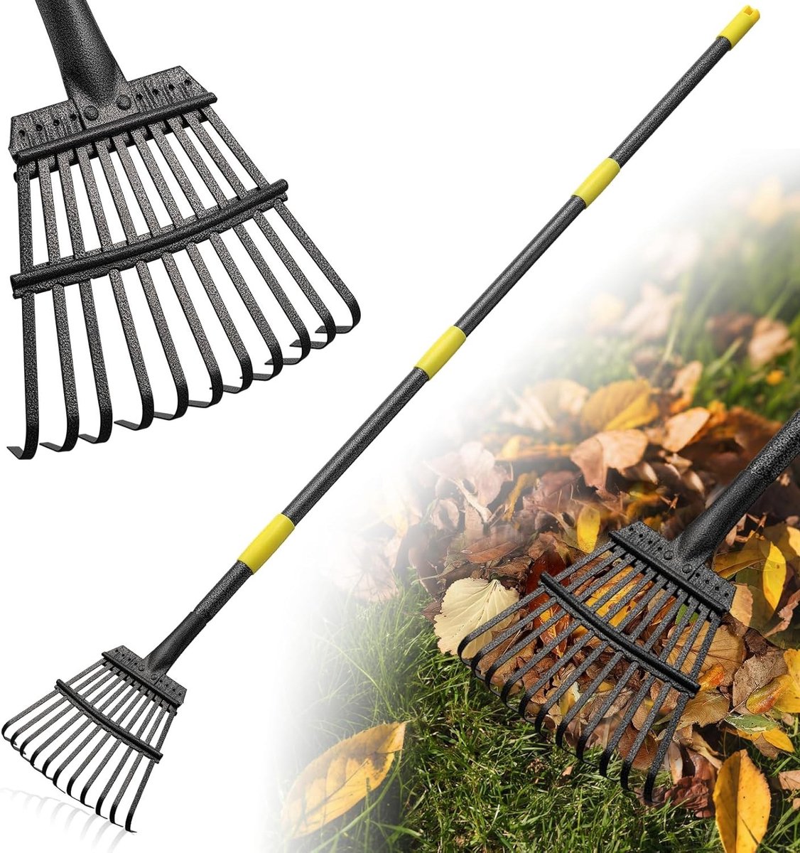 Lange Tuinbladeren Hark met 11 Metalen Tanden, Verstelbare Stalen Handgreep, Ideaal voor Tuinonderhoud en Bladeren Verzamelen