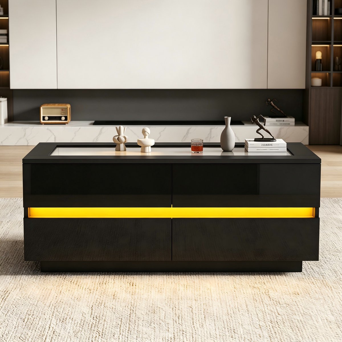 HAUSS SPOLE Salontafel - Met 4 Lades En Ledverlichting - Voor Woonkamer - Spaanplaat En Gehard Glas - 100x50x40 Cm - Zwart