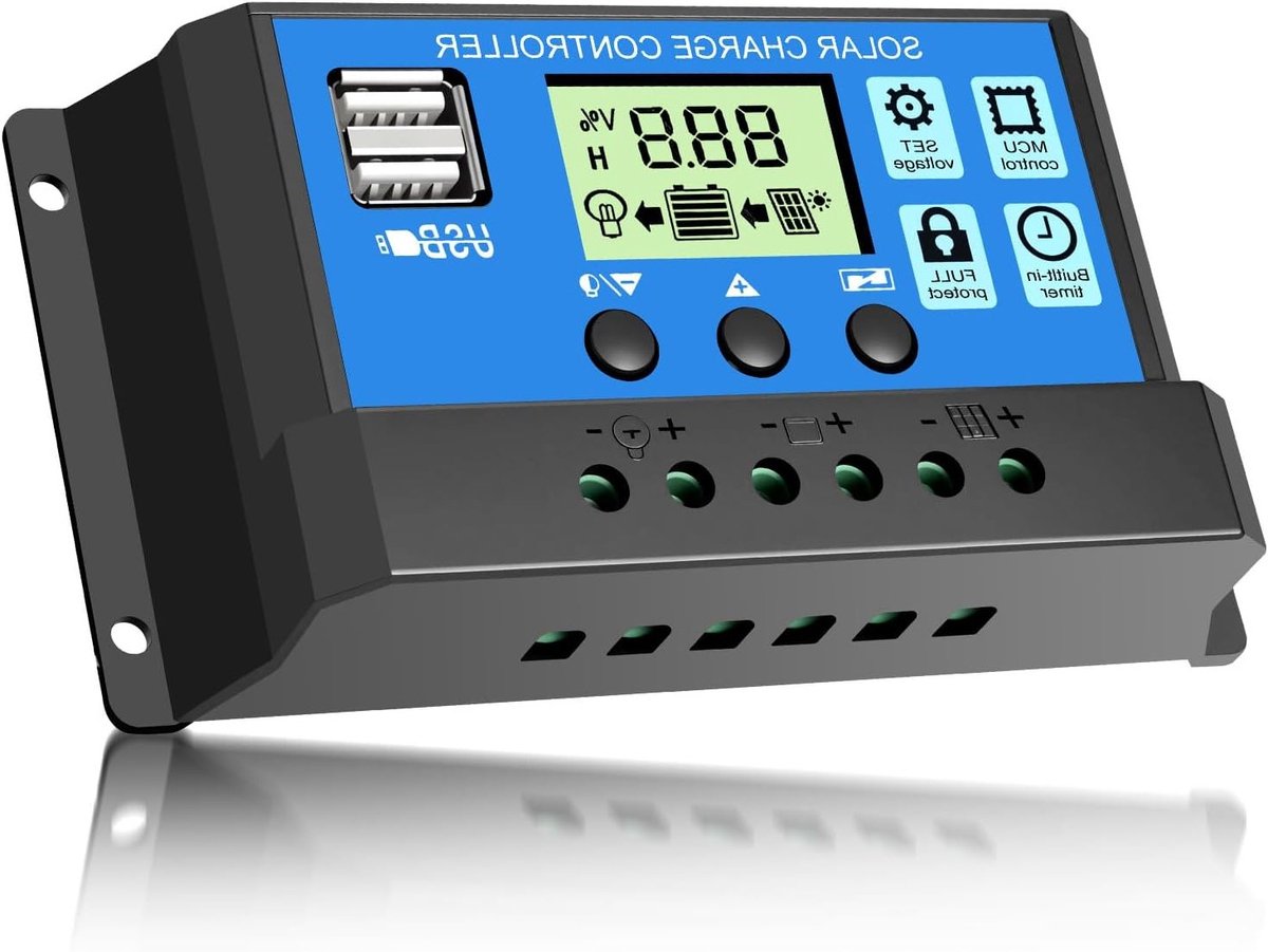 Zonne-energie laadcontroller 30A 12V/24V met LED-display, dubbele USB-aansluitingen en automatische PWM-instellingen voor efficiënt energiebeheer