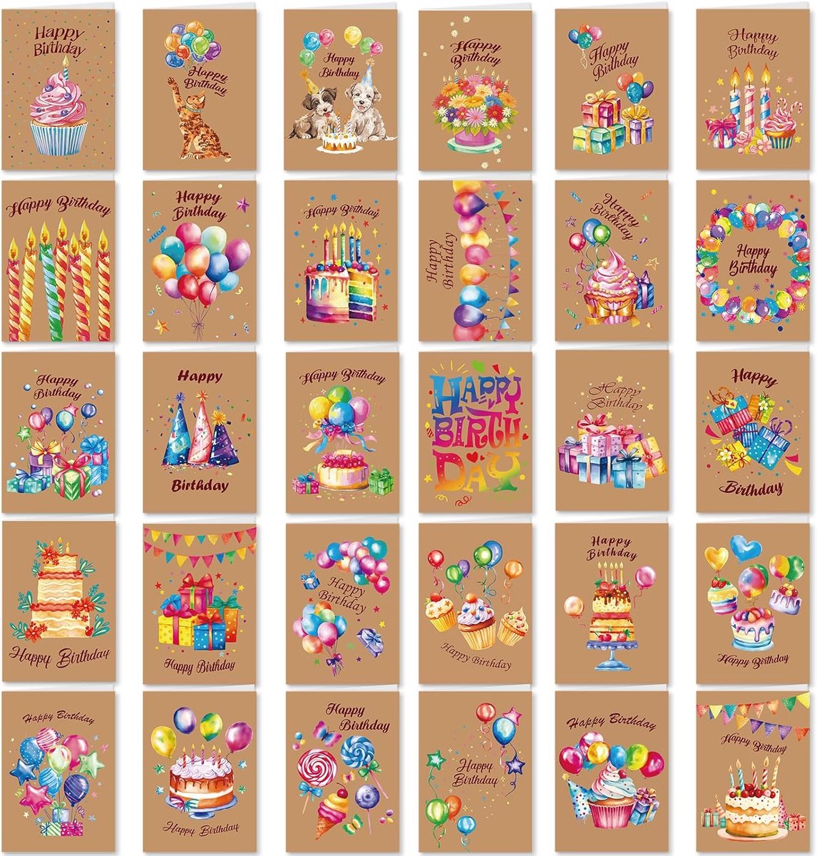 SnelShoppen - 30 Watercolor Verjaardagskaarten met Enveloppen - Kleurrijke Verjaardagskaarten Multipack voor Kinderen en Volwassenen - Perfect voor Fe