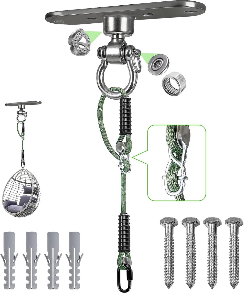 SnelShoppen - Ceiling Hook 1 m met Rokende Bevestiging, Verstelbaar tot 270 kg, RVS, 360° Rotatable, Hangstoel Haak met Lagers voor Hangmat, Sling Tra