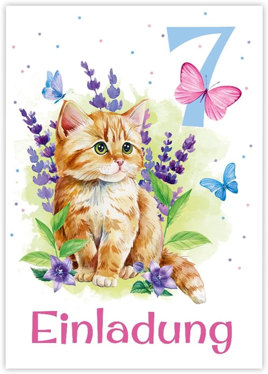 SnelShoppen - 12 Uitnodigingskaarten 7e Verjaardag Meisje Kat Kitten Kleurige Verjaardagsuitnodigingen A6 Formaat 300 g/m²