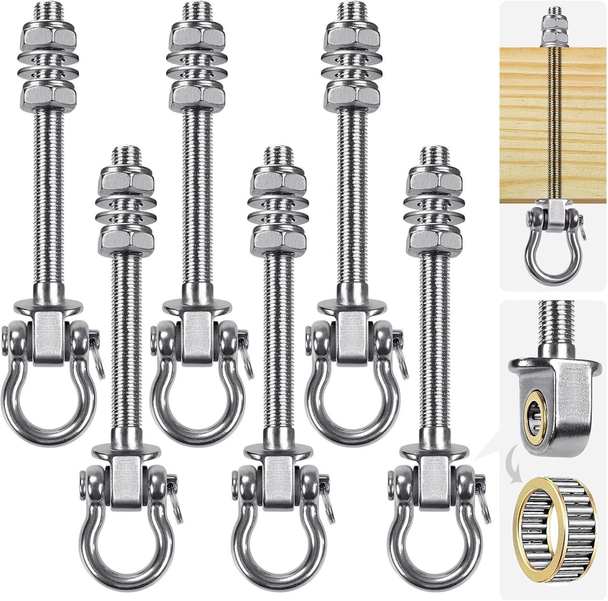 SnelShoppen - 6-delige Swing Hanger met Lager, 175mm Heavy Duty Hammock Haak M10, Hangstoel Schroef Oog Bout Swivel Plafondbeugel voor Yoga Touw/Aeria