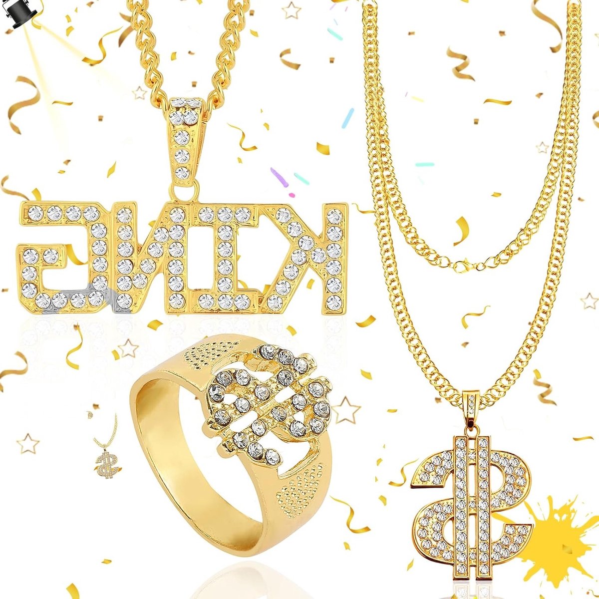 Hip Hop Kostuum Set met Dollar Ketting, Zonnebril en Gouden Ring - Perfect voor 80s en 90s Rapper Accessoires, Feestkleding en Carnaval
