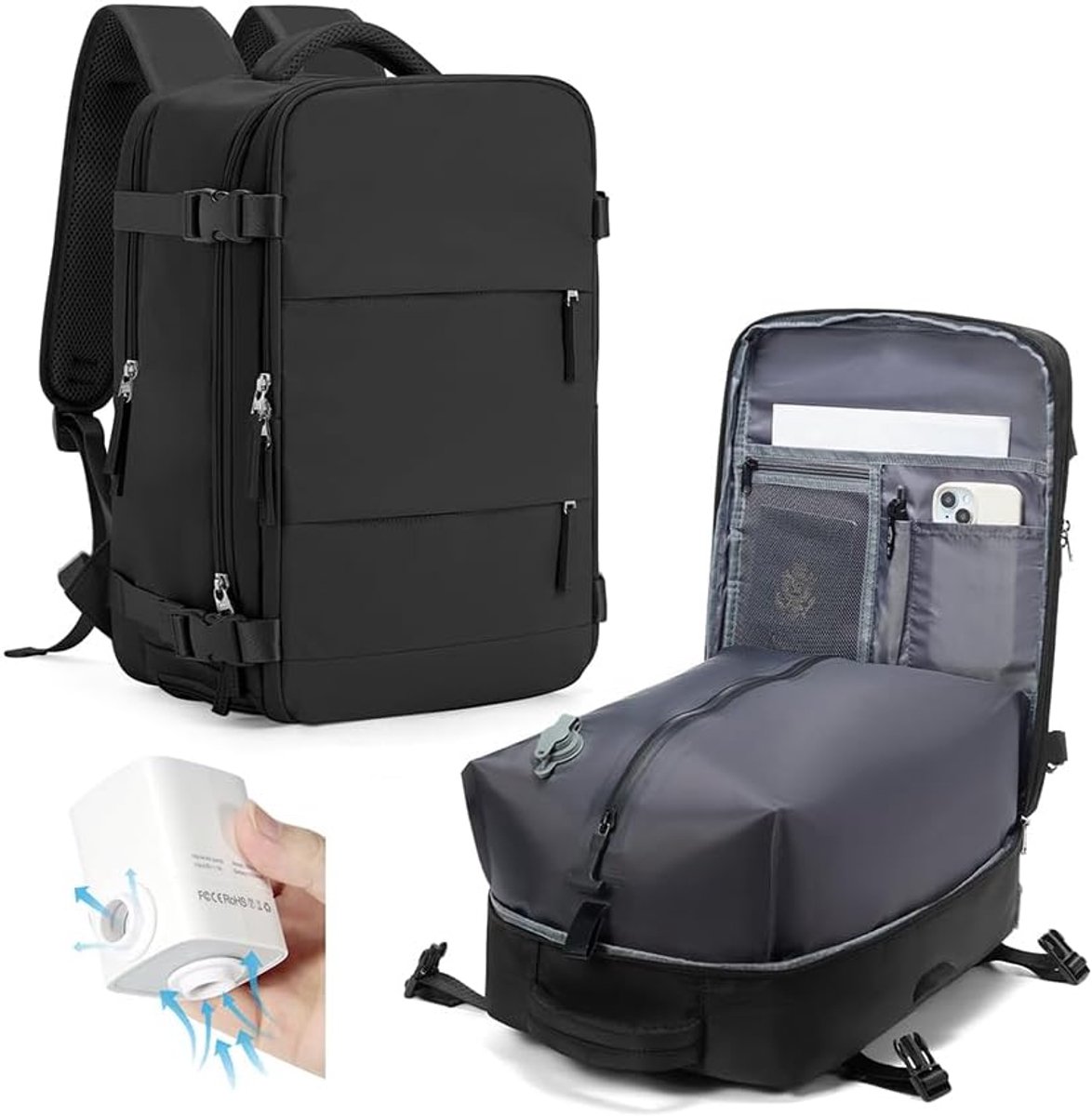SnelShoppen - Vacuum Gecomprimeerde Reisrugzak voor Easyjet - Waterdichte Onder-Airplane Zitplaats Reis Tas - Weekend Rugzak - Hiking Backpack & Casua