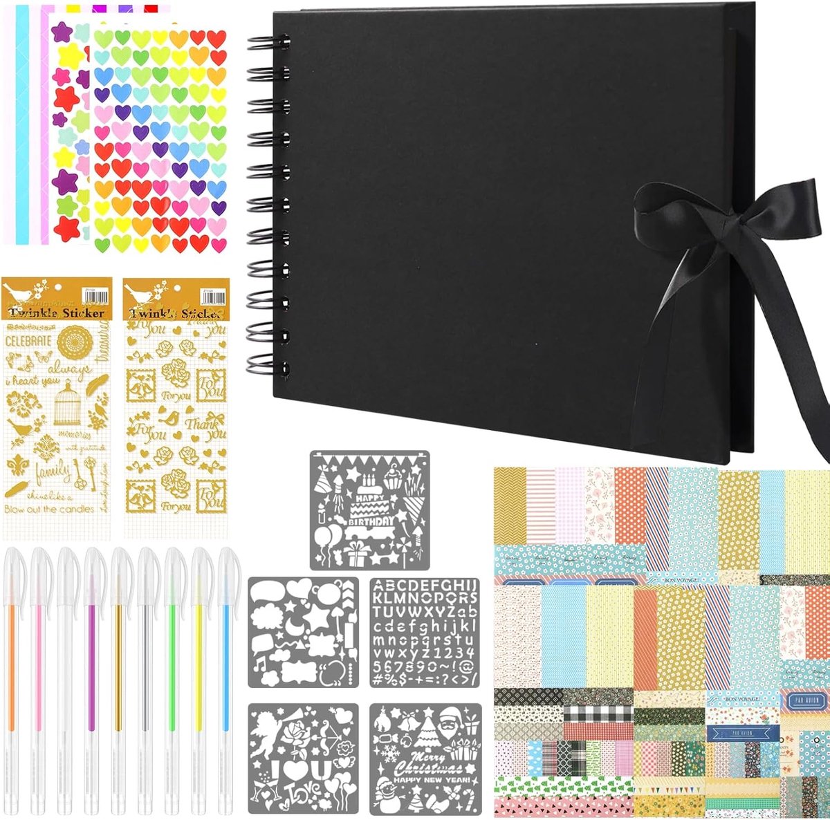 SnelShoppen - A5 Foto Album met 60 Zwarte Pagina's, DIY Scrapbook Set met 1000 Stickers, 9 Kleurige Gelpennen, Stencils en Fotocorners voor Bruiloft,