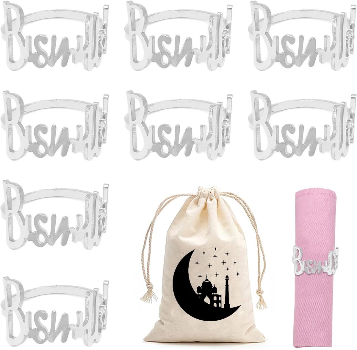 SnelShoppen - 8 Stuks Bismillah Letter Metaal Servetringen Set - Uniek en Duurzaam, Perfect voor Trouwen, Feesten, Ramadan Tafeldecoratie