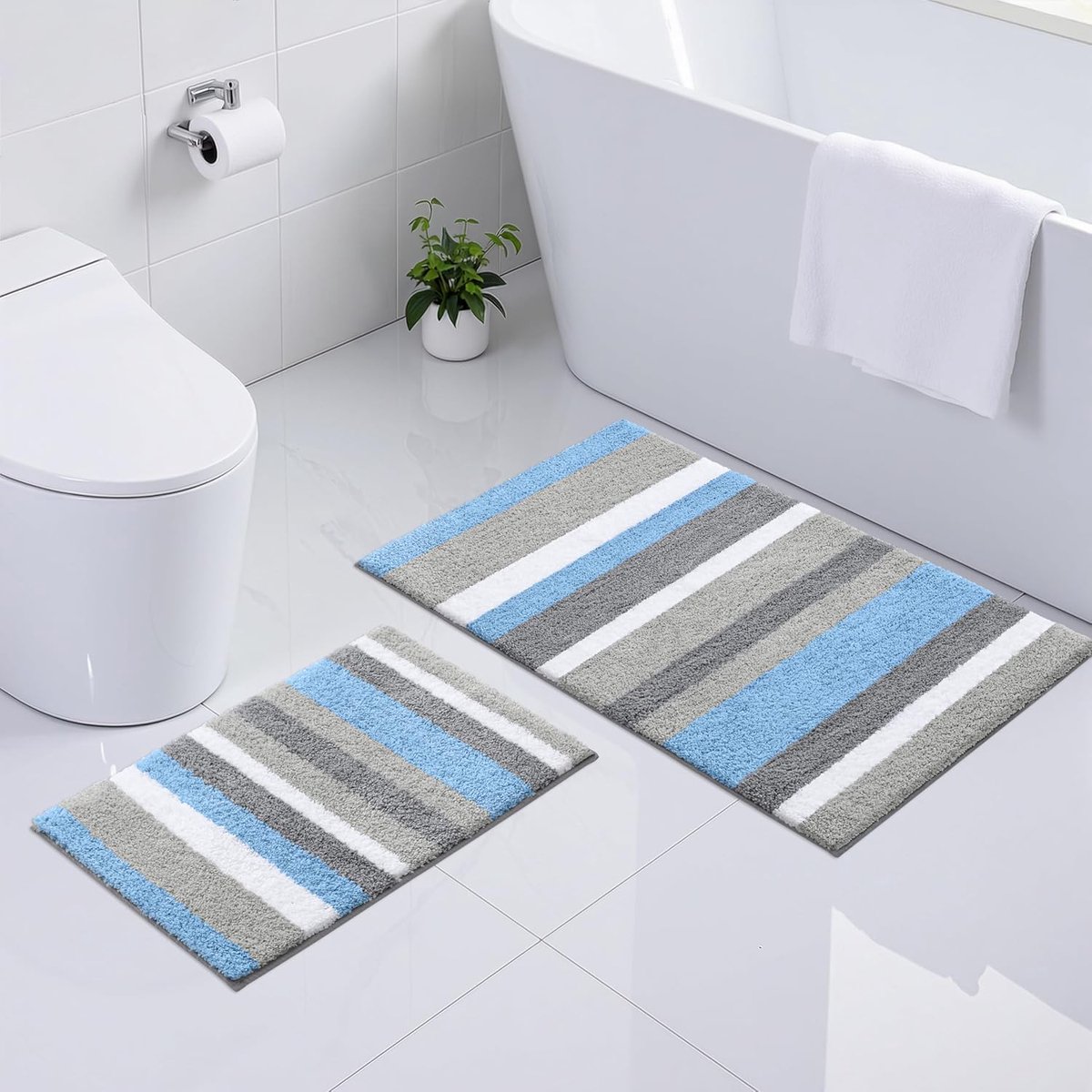 SnelShoppen - Badmat Set van 2 - Microfiber Absorberend - Zacht Hoogpolig - 40 x 60 cm + 60 x 90 cm - Blauw/Grijs - Voor Badkamer en Douche
