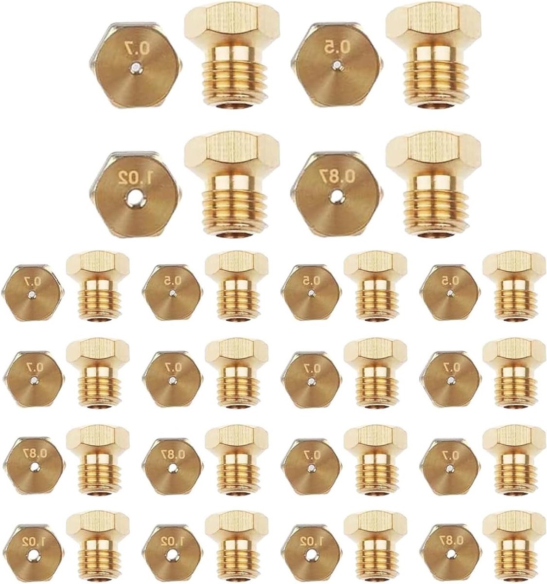 Brass Gas Jet Nozzles voor LPG Conversie: 4 x 0.5 mm, 4 x 0.86 mm, 4 x 1.02 mm, 8 x 0.7 mm - Geschikt voor Gasfornuis en Natuurlijke Gasinstallaties