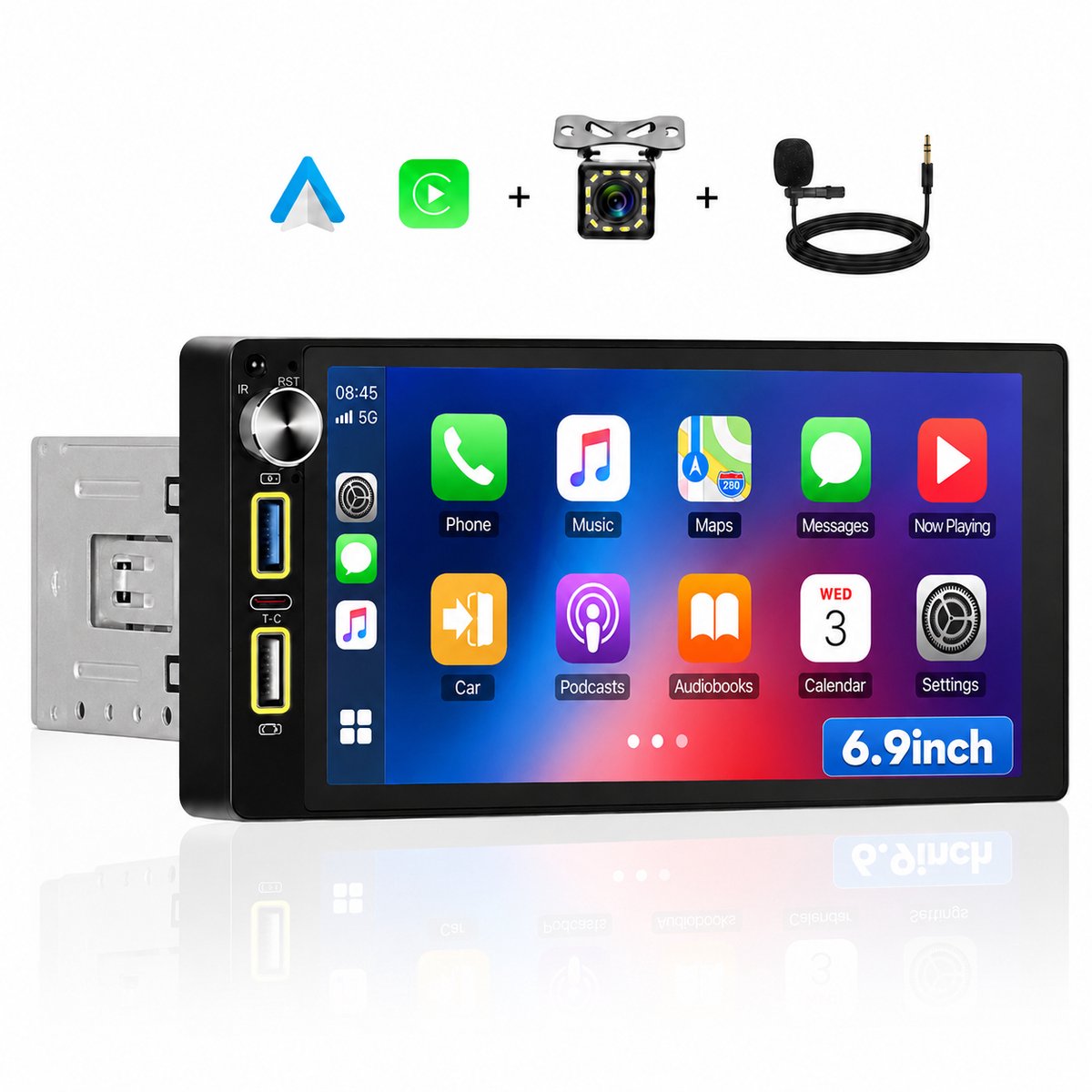 Boscer 1Din Autoradio Universeel - 6,9 Inch HD Touchscreen - Apple Carplay & Android Auto (Draadloos) - Bluetooth, USB, USB-C & MP5 - AHD Achteruitrijcamera, Stuurwieladapter & Externe Microfoon