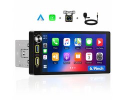 Boscer 1Din Autoradio Universeel - 6,9 Inch HD Touchscreen - Apple Carplay & Android Auto (Draadloos) - Bluetooth, USB, USB-C & MP5 - AHD Achteruitrijcamera, Stuurwieladapter & Externe Microfoon