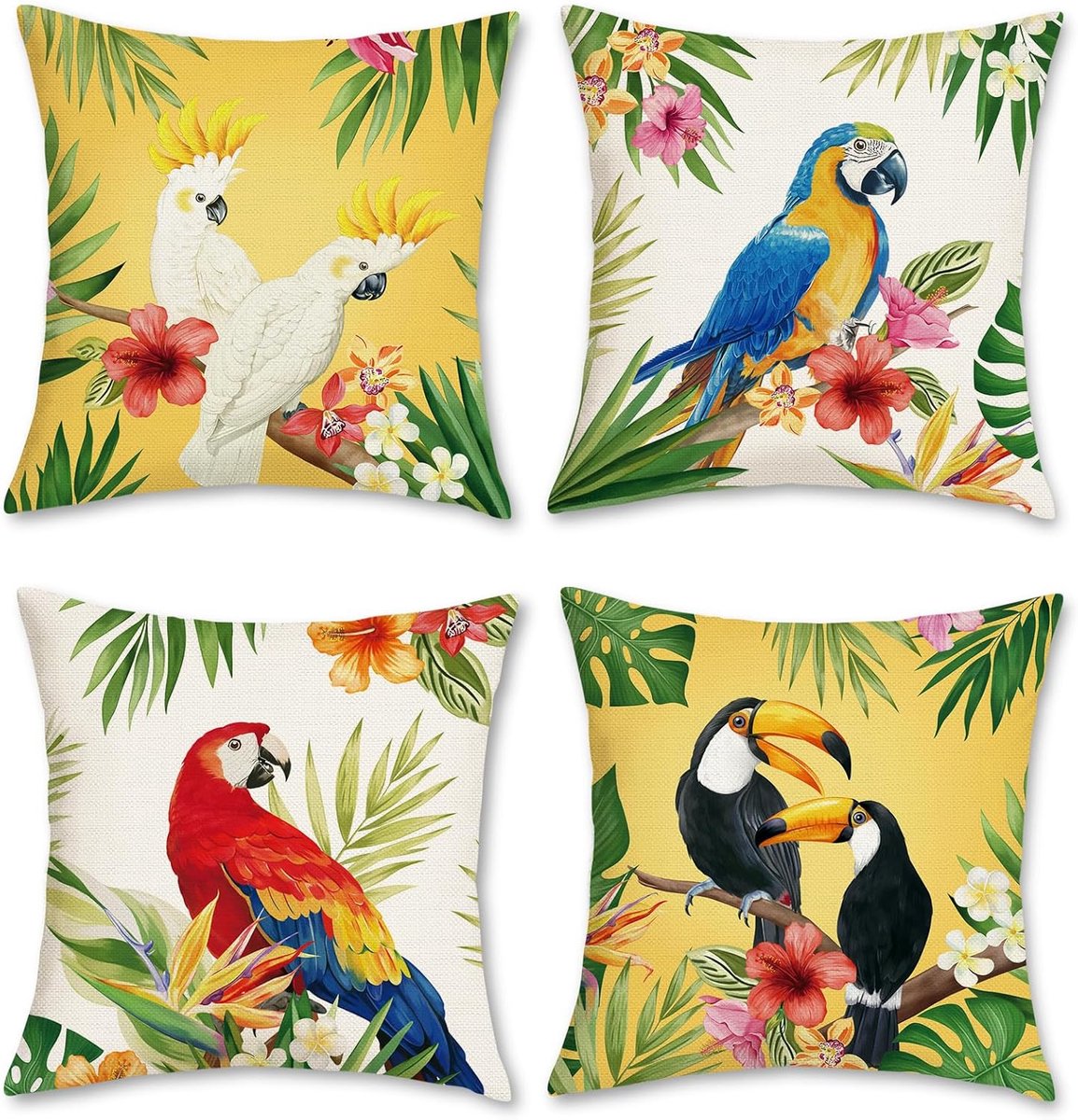 SnelShoppen - Set van 4 Decoratieve Kussenhoezen 45x45 cm met Tropische Vogels, Toco's en Papegaaien, Polyester Linnen, Ideaal voor Sofa, Tuin en Buit