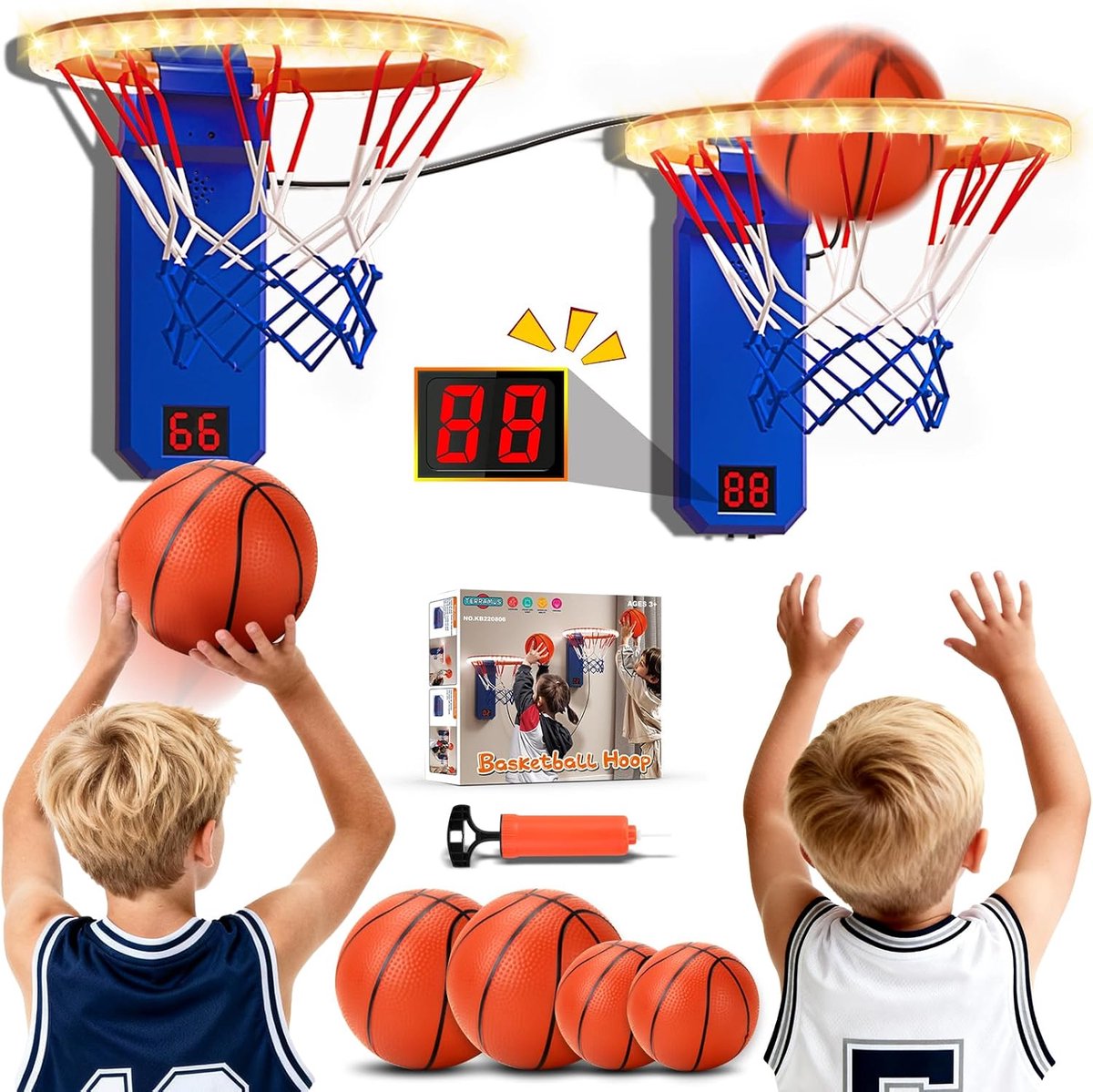 SnelShoppen - Mini Basketball Basket met LED Lichten Set voor 2 Spelers, Indoor Basketball Duel Spel met Display Bord voor Thuis, Kinderkamer, Kantoor