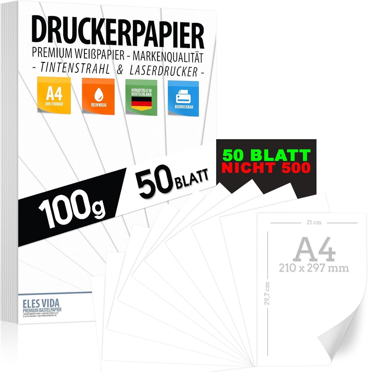 SnelShoppen - Premium A4 Printerpapier 100g Wit - 50 Vellen Dikte, Perfect voor Laser- en Inkjetprinters, Ideaal voor Kantoor, Universitaire Toepassin