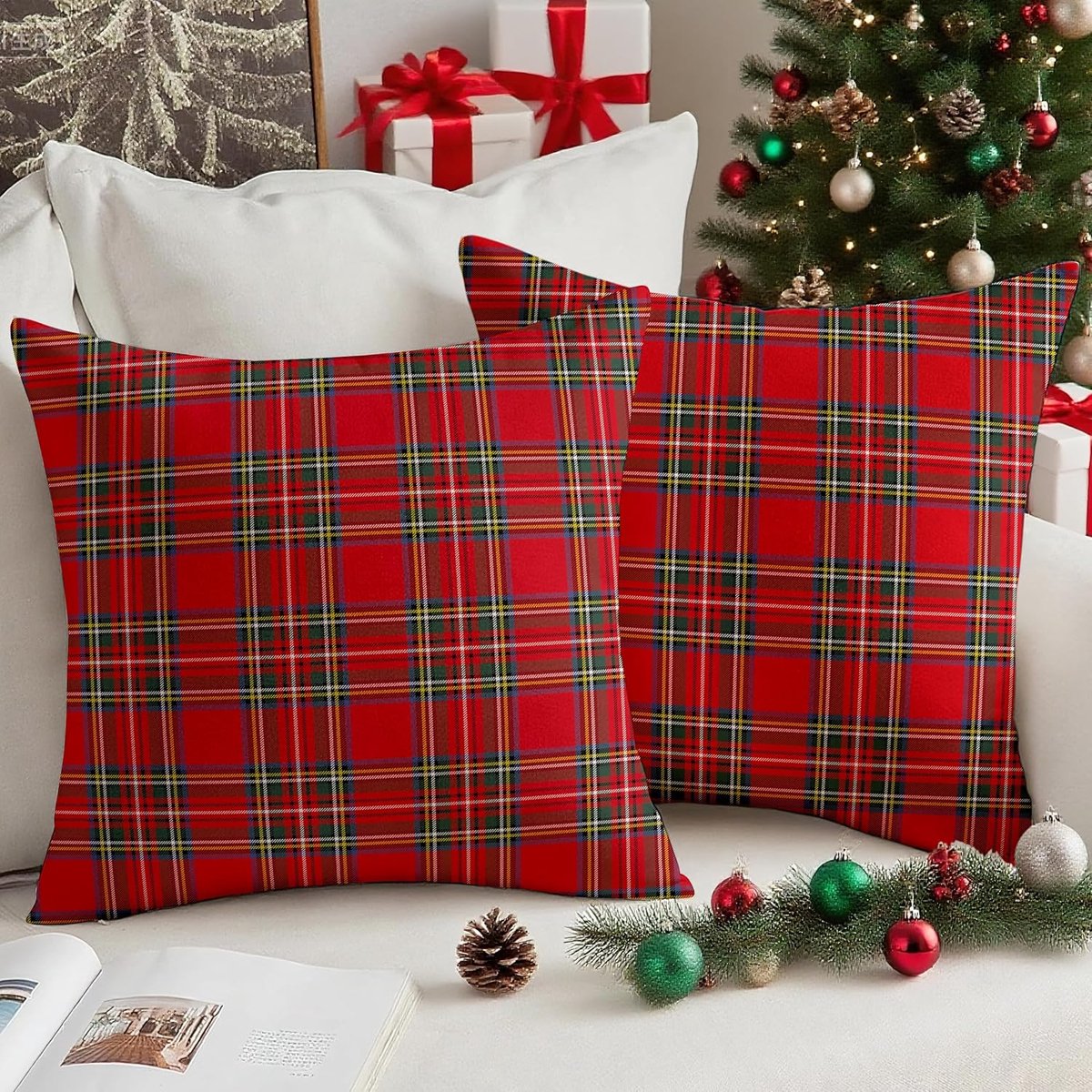 SnelShoppen - Set van 2 Rode Kerst Kussenslopen 50x50 cm, Velvet Geweven Kussenhoezen voor Winterdecoratie, Sierkussens voor Woonkamer, Kantoor, Hotel