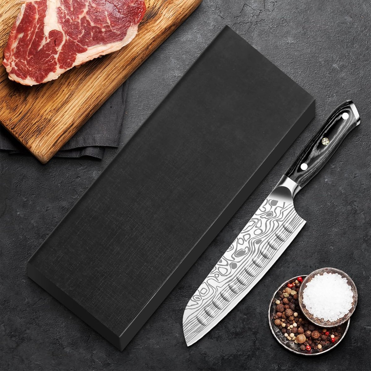 SnelShoppen - Santoku Koksmes, Professioneel Keukenmes van EN.4116 Roestvrij Staal, Scherp Blad met Vingerbescherming, Inclusief Messenslijper in Cade