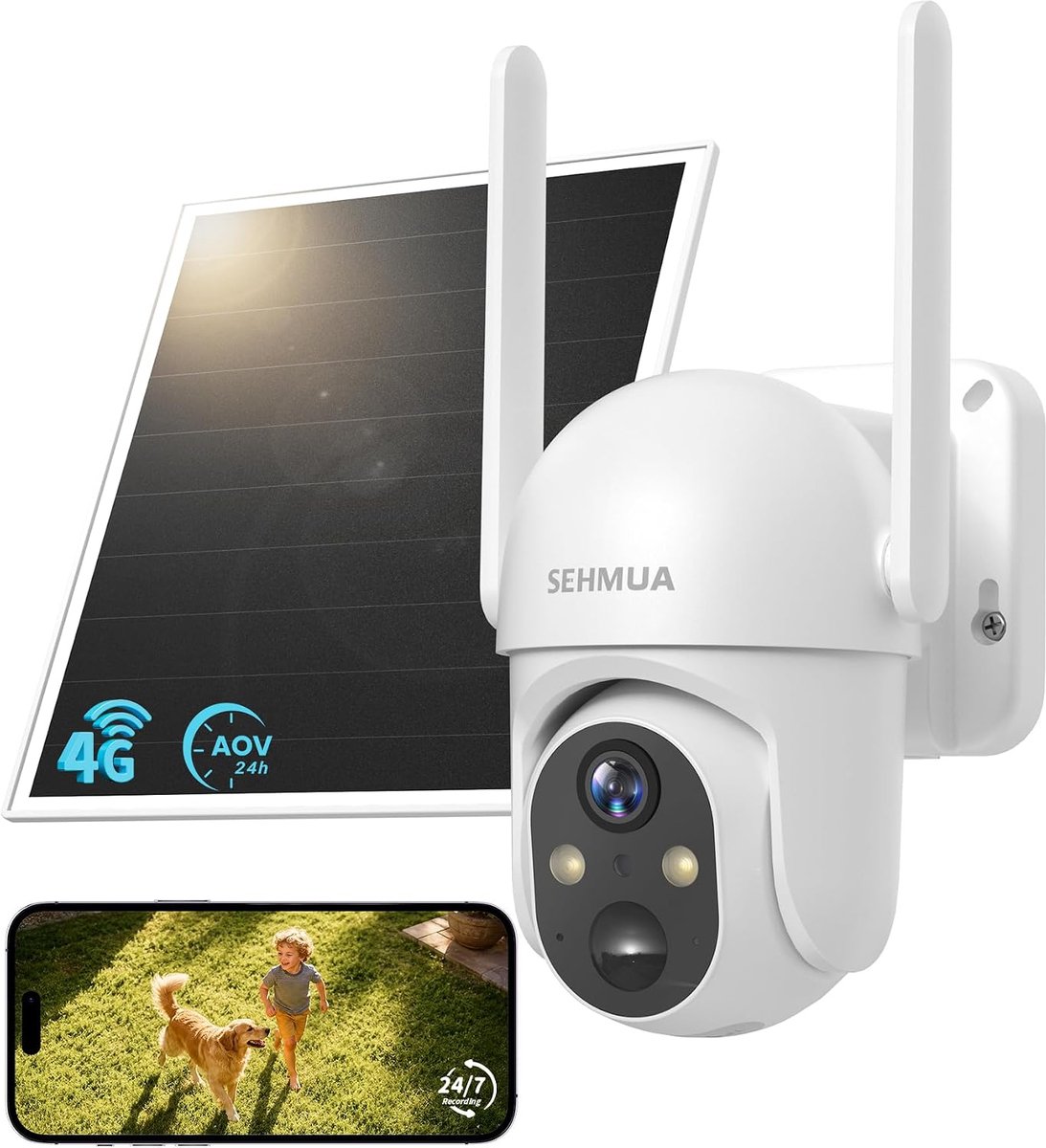 SnelShoppen - 24/7 AOV 4G LTE Bewakingscamera voor Buiten met Zonnepaneel, 2K PTZ, Nachtzicht tot 20m, KI-detectie, 2-weg Audio, PIR-detectie, IP66 Wa