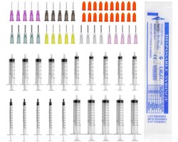SnelShoppen - Set van 20 Spuiten met Naald, Diverse Maten voor Diergeneeskunde, Laboratoria en Vloeistof Toediening - Inclusief 30 Blunt Naalden en Ca