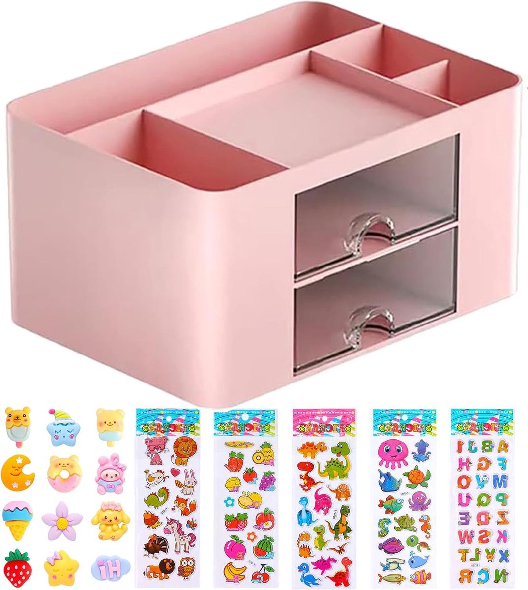 Multifunctionele Desk Organizer met Laden, Ruimtebesparende Penhouder en Tafelorganizer met 5 Compartimenten voor Kantoor, Thuis en School (Roze)