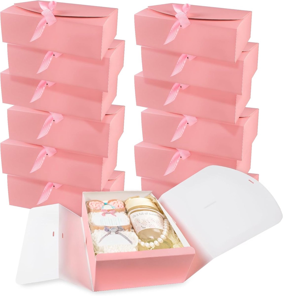SnelShoppen - Geschenkdoos met Deksel, 12 Stuks, 27 x 20 x 8 cm, Wit/Roze, Hoge Kwaliteit Karton, Perfect voor Bruidsmeisjes, Verjaardag, Kerst, Bruil