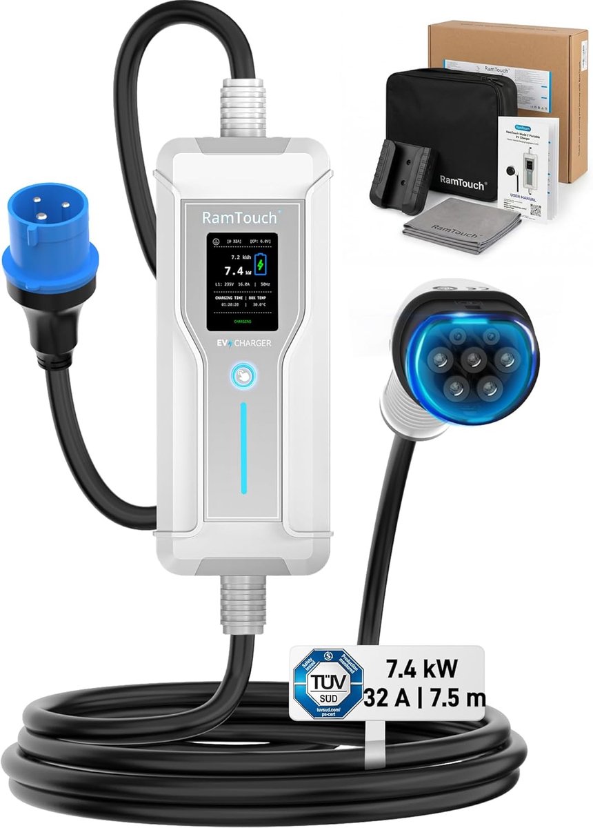 SnelShoppen - Type 2 Oplaadkabel CEE Blauw 32A (7.4 kW, 7.5 m, 1-fase, IP67) | Thuislader met Display, Timer, RCD AC/DC, Mobiele Oplaadstation voor El