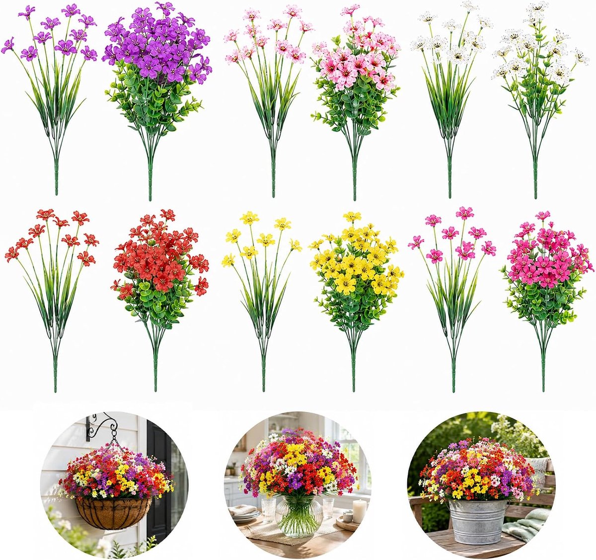 SnelShoppen - 12 Levensechte Kunstbloemen Set - UV-bestendige Balkon- en Tuindecoratie in 6 Kleuren (Wit, Paars, Geel, Rood, Roze, Magenta) - Perfect