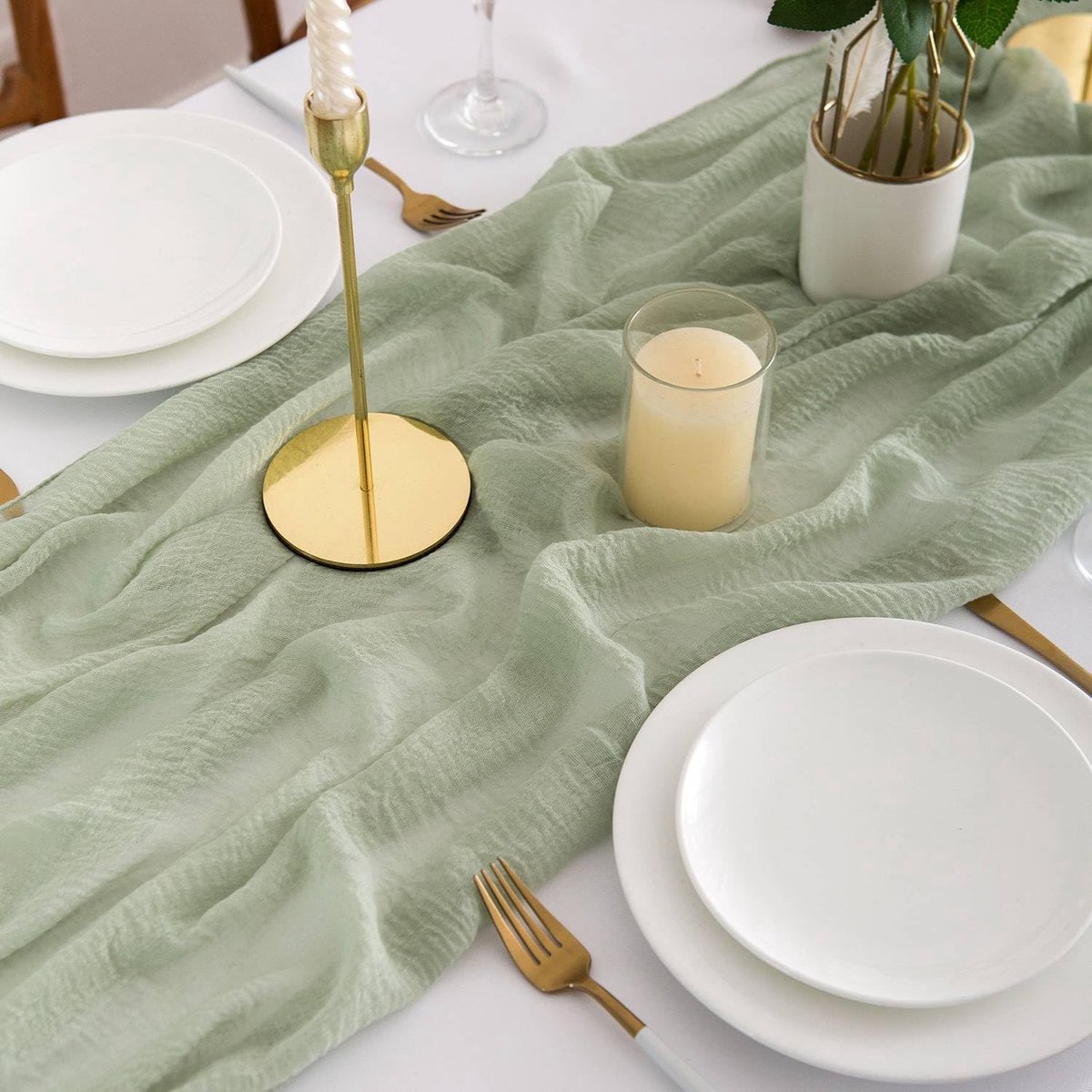 SnelShoppen - Eucalyptus Groene Tafelloper Muslin 300x80 cm - Wasbare Mesh Tafelrunner voor Bruiloft, Feest en Tuin Decoratie