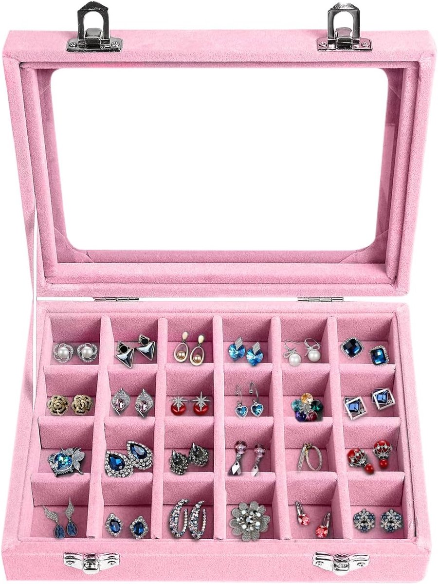 SnelShoppen - 24 Compartiments Dames Sieraden Doos - Sieraden Kist voor Ringen, Oorbellen, Kettingen - Opbergdoos van Zacht Velvet - Roze - Perfect vo